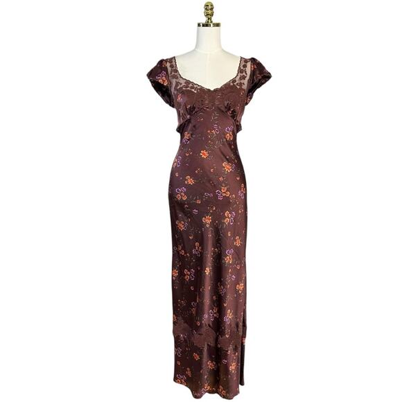 Free People Dainty Lace Retro 90s Butterfly Babe Maxi Dress Brown Combo Medium - Picture 6 of 16